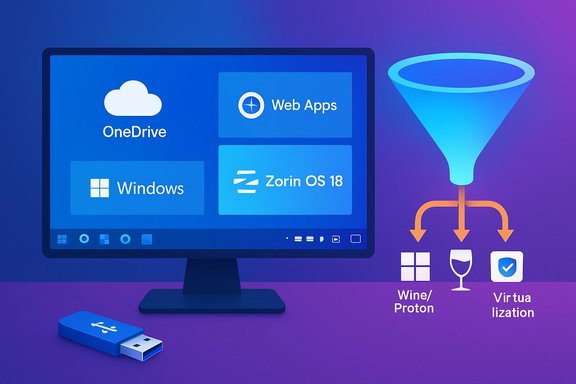 A desktop monitor shows app tiles with a funnel directing to Wine/Proton and virtualization.