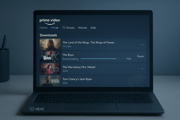 A laptop displays Prime Video’s Downloads page, showing several shows being downloaded.