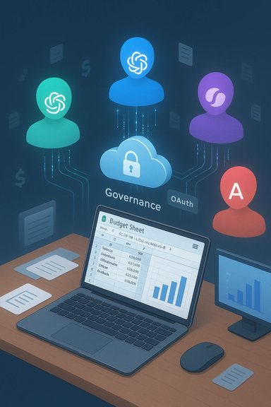 Laptop shows a budget sheet as holographic avatars connect to a cloud governance network.