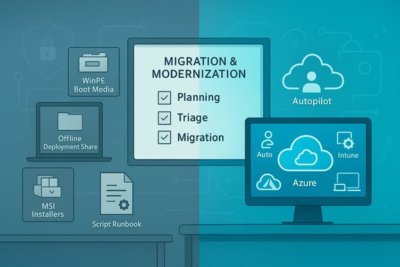 Migration and modernization planning scene with cloud, Autopilot, Azure and Intune. Migration and modernization planning scene with cloud, Autopilot, Azure and Intune.