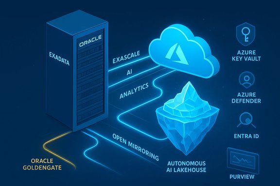 Oracle Exadata links to Azure cloud for AI analytics and secure data services.