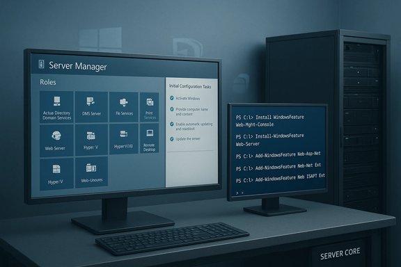 Server Manager and PowerShell console displayed on dual monitors in a data center.