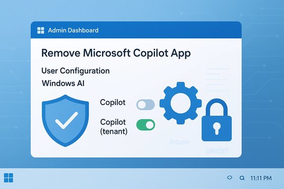 Admin dashboard showing option to remove the Microsoft Copilot App with toggle switches.
