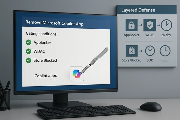 Monitor displays a 'Remove Microsoft Copilot App' prompt with gating checks and a Layered Defense infographic.