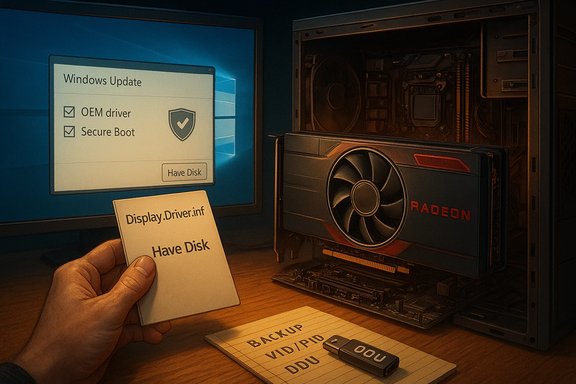 A hand holds a “Have Disk” driver disk as Windows Update shows an OEM driver beside a Radeon GPU.