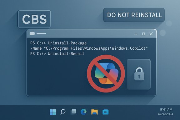 A Windows-style terminal shows uninstall commands with a bold “Do Not Reinstall” warning and a blocked app icon.