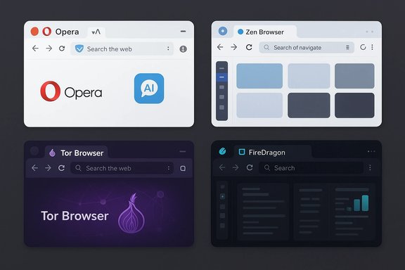 A grid of four browser windows featuring Opera, Zen Browser, Tor Browser, and FireDragon.
