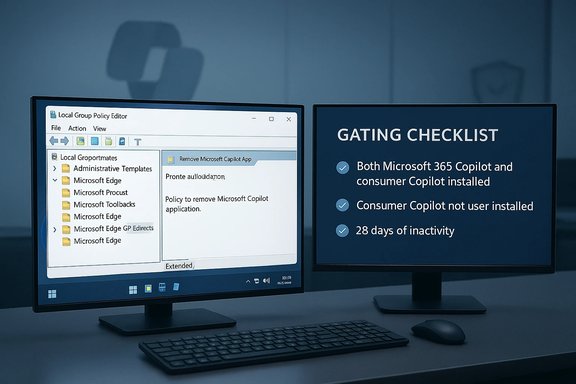Two monitors show a Local Group Policy Editor on the left and a Copilot gating checklist on the right.