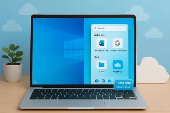 Laptop on a desk showing a Windows-style app panel with cloud storage icons.