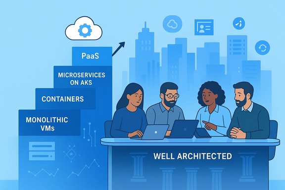 A team designs a well-architected cloud stack—from monolithic VMs to containers and microservices on AKS.
