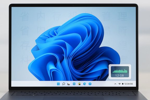 Laptop screen displays a blue abstract wallpaper with a 1.2 GB storage widget.