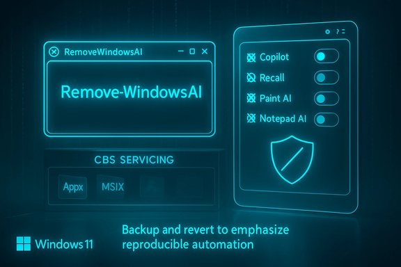 Neon blue Windows 11 UI showing RemoveWindowsAI with AI tools and backup automation.
