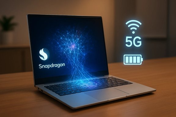 Laptop displays Snapdragon logo with glowing network lines; 5G and battery icons hover nearby.