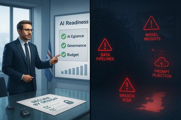 Business professional points to an 'AI Readiness' board as red risk warnings loom on the right.