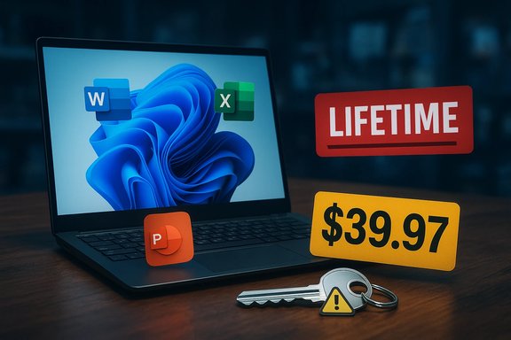 Laptop screen shows Word, Excel, and PowerPoint icons with a lifetime license and $39.97 price.