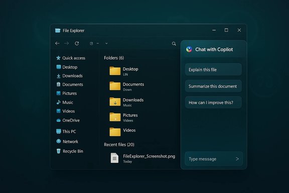 Dark Windows File Explorer with a Copilot chat panel on the right.