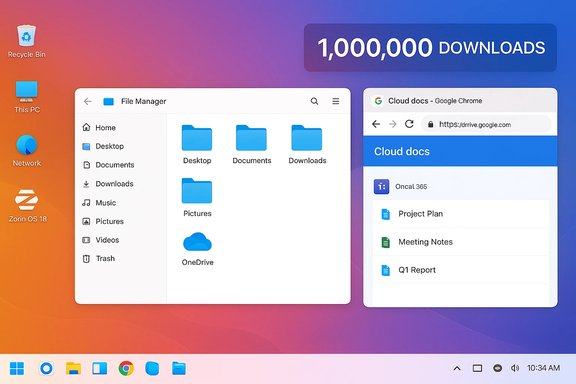 Gradient desktop showing two open windows (File Manager and Google Drive) with a 1,000,000 DOWNLOADS banner. Gradient desktop showing two open windows (File Manager and Google Drive) with a 1,000,000 DOWNLOADS banner.
