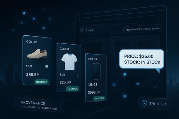 Futuristic e-commerce UI with floating product cards showing color, size, price, and stock status.