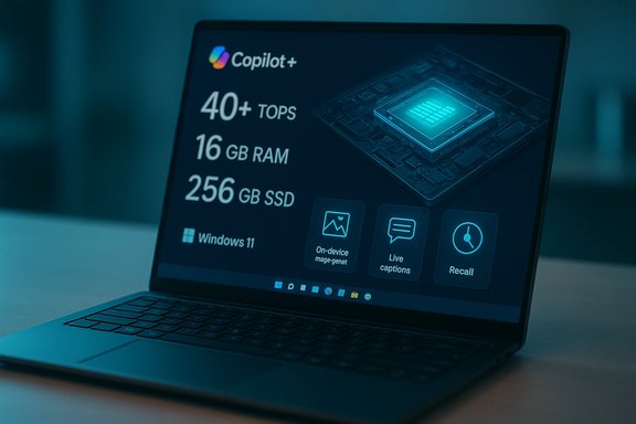 A laptop screen displays Copilot+ specs: 40+ TOPS, 16 GB RAM, 256 GB SSD on Windows 11.
