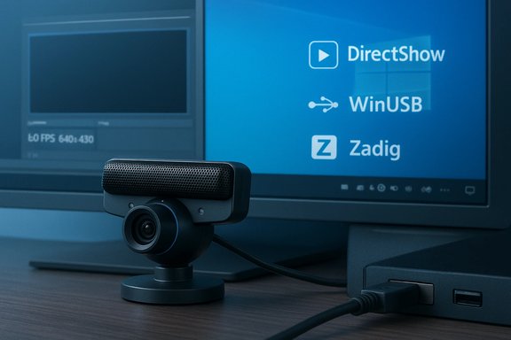 USB webcam on a desk in front of a monitor displaying DirectShow, WinUSB, and Zadig logos.