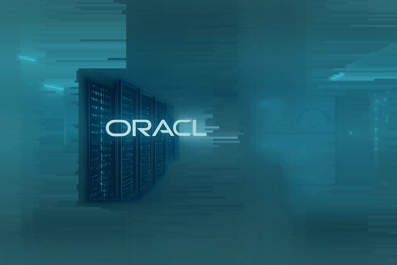 Blue-tinted Oracle data center with rows of server racks and a glowing logo.