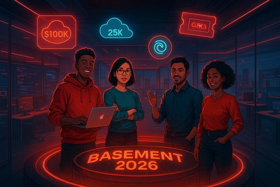 A diverse team in a neon-lit basement lab gathers around a glowing BASEMENT 2026 platform.