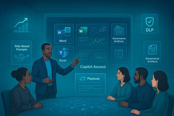 A presenter explains a digital dashboard with Word, Excel, and governance tools to a seated team.