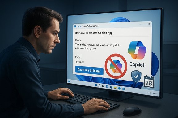 A man at a computer removes Microsoft Copilot through the Local Group Policy Editor.