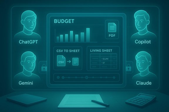 Futuristic budget dashboard projected on a wall, flanked by avatars ChatGPT, Gemini, Copilot and Claude. Futuristic budget dashboard projected on a wall, flanked by avatars ChatGPT, Gemini, Copilot and Claude.