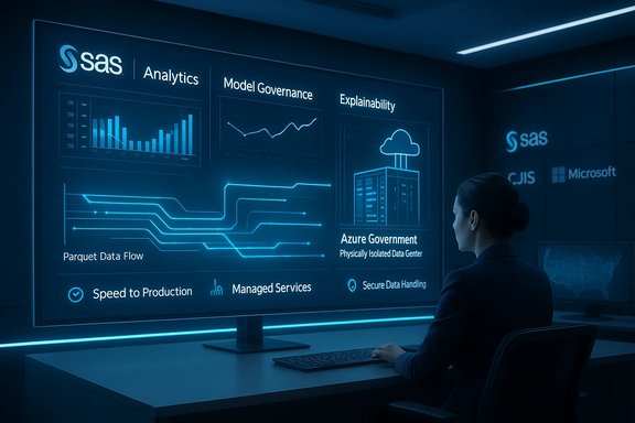 Professional at a desk analyzes SAS Analytics dashboards on a blue-glow wall.