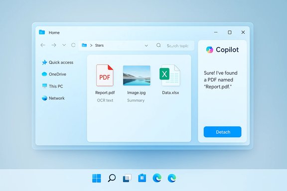 Windows-style desktop showing a File Explorer window and a Copilot panel with PDF, image, and Excel icons. Windows-style desktop showing a File Explorer window and a Copilot panel with PDF, image, and Excel icons.