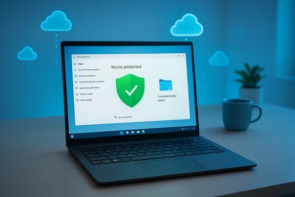 Laptop displays 'You're protected' antivirus UI with a green shield; blue cloud icons glow in the background.