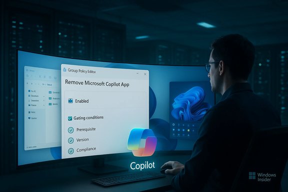 A person sits before a curved monitor displaying Group Policy Editor to remove Microsoft Copilot.