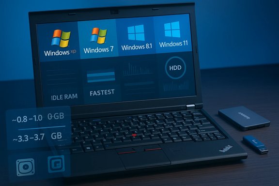 Laptop screen showing Windows XP, 7, 8.1, and 11 tiles with HDD and RAM gauges.