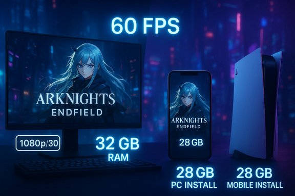 Promotional Arknights Endfield setup showcasing 60 FPS across PC, mobile and console.