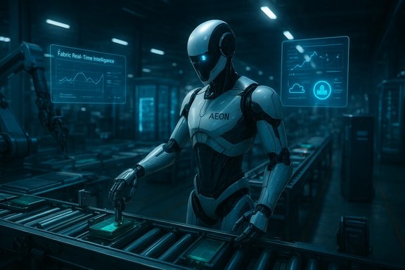 AEON robot on a futuristic factory line with holographic dashboards.