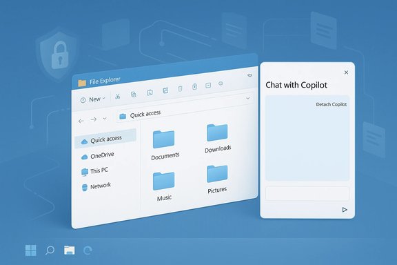 Blue Windows-style desktop featuring File Explorer and a Copilot chat panel. Blue Windows-style desktop featuring File Explorer and a Copilot chat panel.