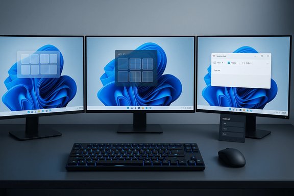 A three-monitor PC setup on a desk with keyboard and mouse.