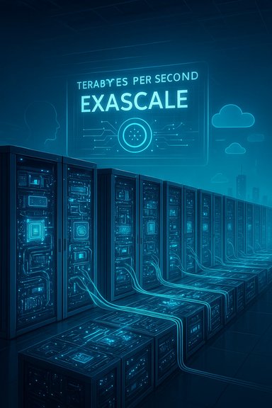 Blue-toned data center with glowing server racks and an Exascale label.