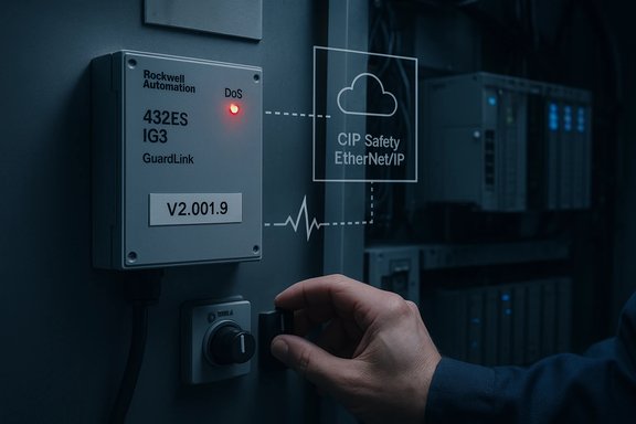 A hand turns a knob on a Rockwell Automation control panel in a server room.