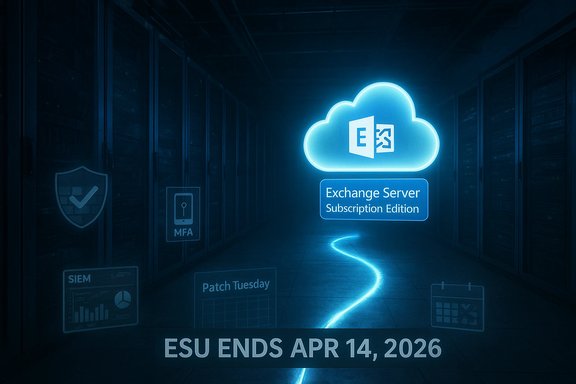 Neon cloud graphic for Exchange Server Subscription Edition in a dark data center; ESU ends Apr 14, 2026.