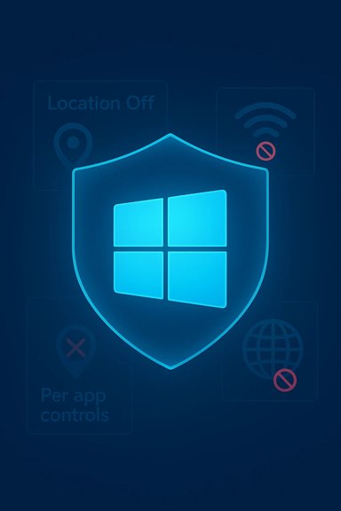 A glowing blue shield with a Windows logo, symbolizing strong device security and privacy.