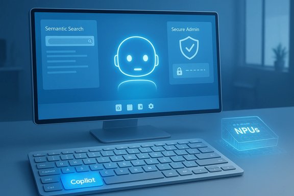 Blue-toned desktop displays a glowing AI avatar with semantic search and secure admin panels, plus a Copilot key.
