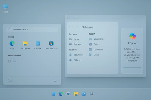 A soft blue desktop with translucent, overlapping windows for Edge, File Explorer, and Copilot.