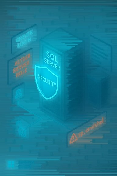 Glowing SQL Server security illustration featuring a shield, login controls, and xp_cmdshell warning.
