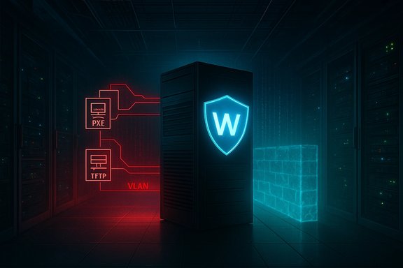 Dark data center with a central server rack lit by a blue shielded “W” and a red VLAN diagram to the left.