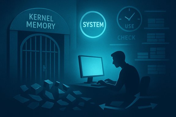 A silhouette hacker at a computer beside a vault labeled Kernel Memory in a blue-toned room.