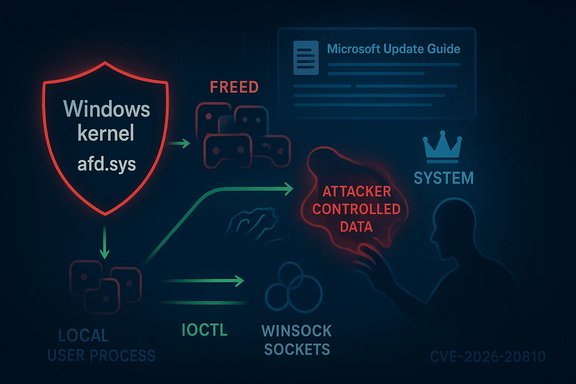 Diagram of a Windows kernel exploit (afd.sys) leaking attacker-controlled data via IOCTL and Winsock sockets.