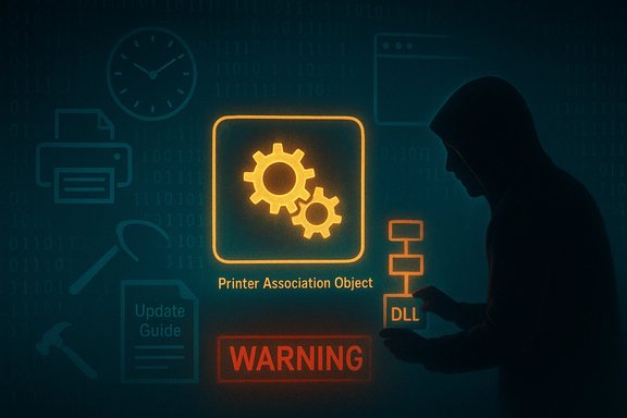 Hooded figure manipulating a glowing DLL icon beside a Printer Association Object and a warning sign.