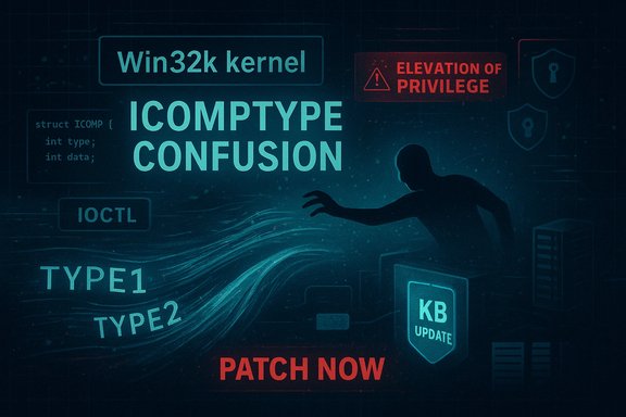 Hacker silhouette amid blue digital graphics warning about Win32k kernel type confusion and patch now.